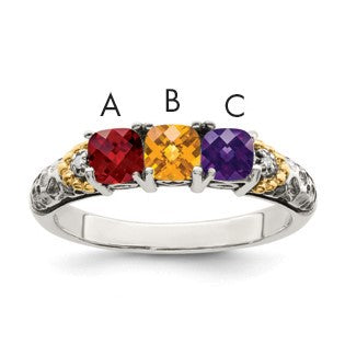 Sterling Silver Antiqued w/14k 3-stone w/Diamond Mother's Ring Semi-Mount
