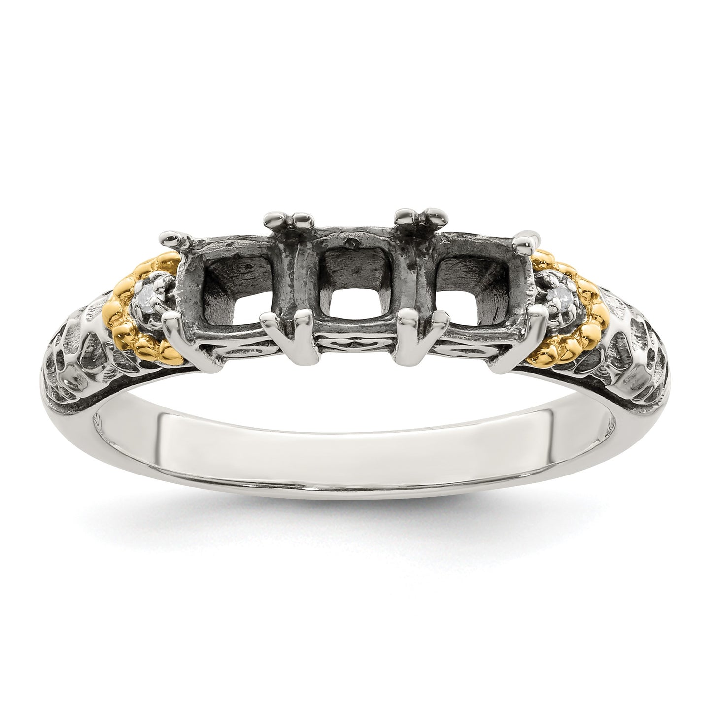 Sterling Silver Antiqued w/14k 3-stone w/Diamond Mother's Ring Semi-Mount