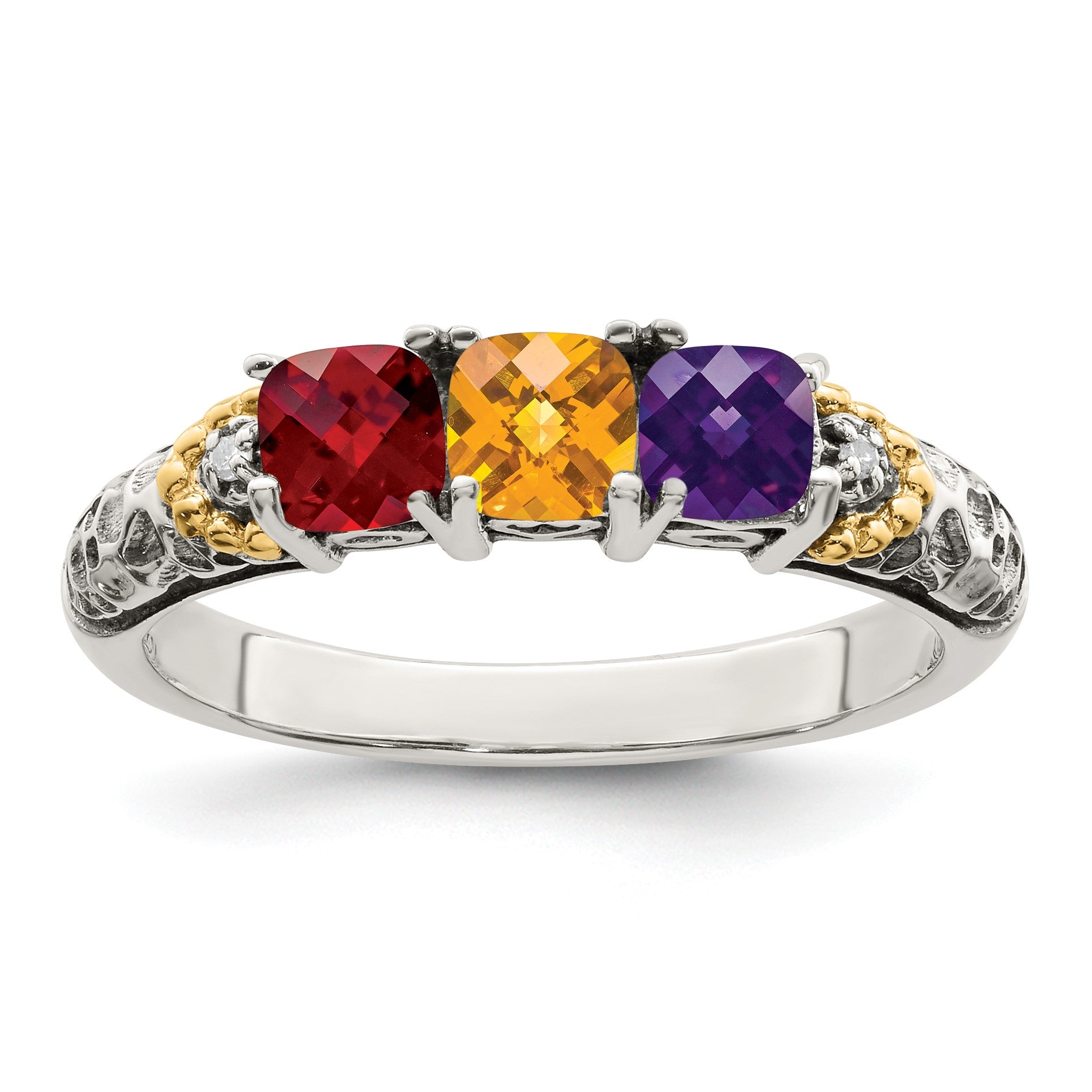 Sterling Silver Antiqued w/14k 3-stone w/Diamond Mother's Ring Semi-Mount
