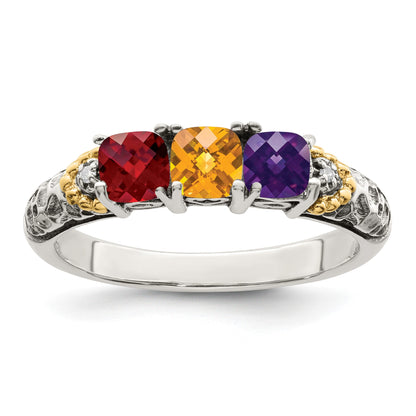 Sterling Silver Antiqued w/14k 3-stone w/Diamond Mother's Ring Semi-Mount