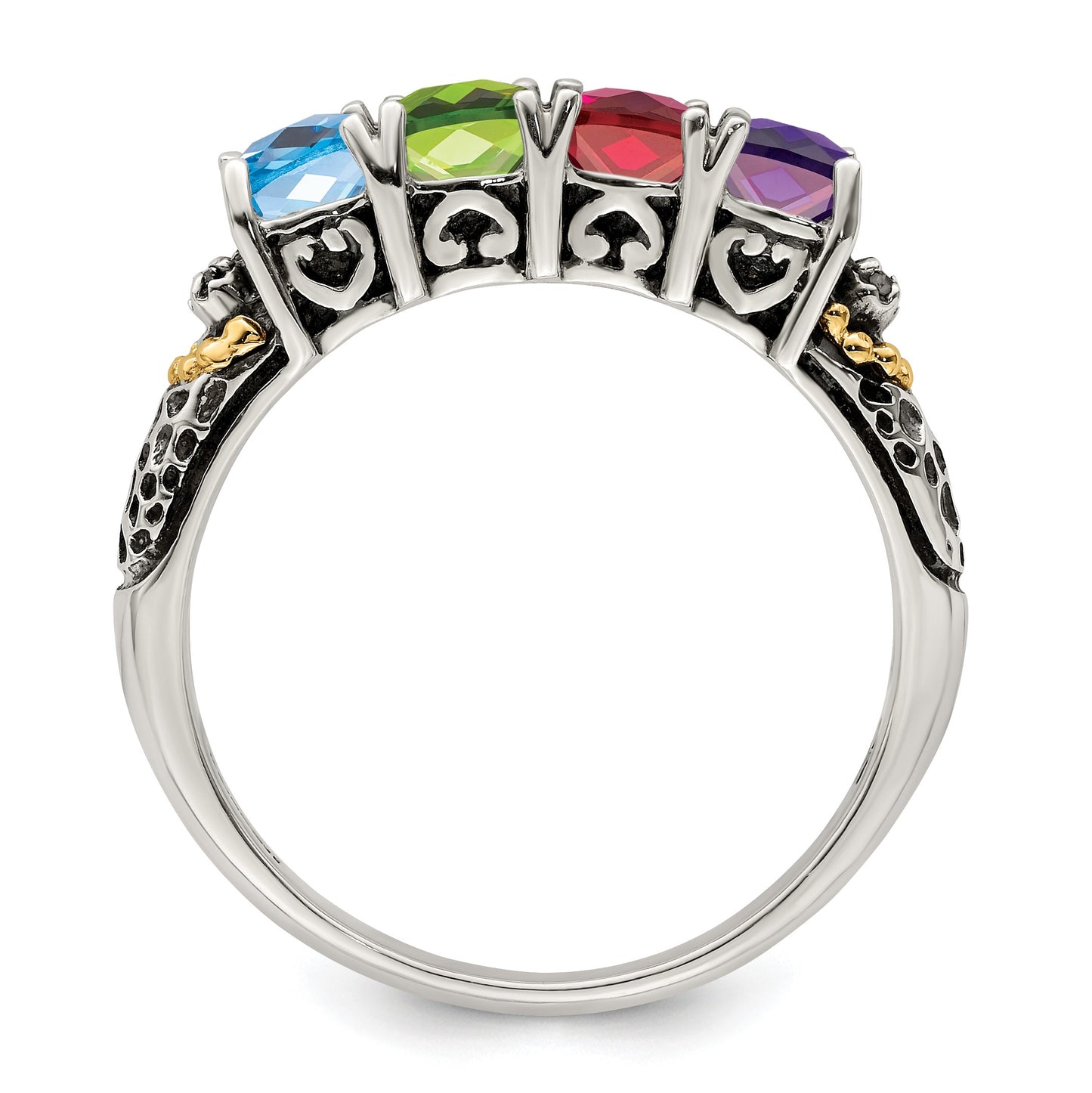 Sterling Silver Antiqued w/14k 4-stone w/Diamond Mother's Ring Semi-Mount