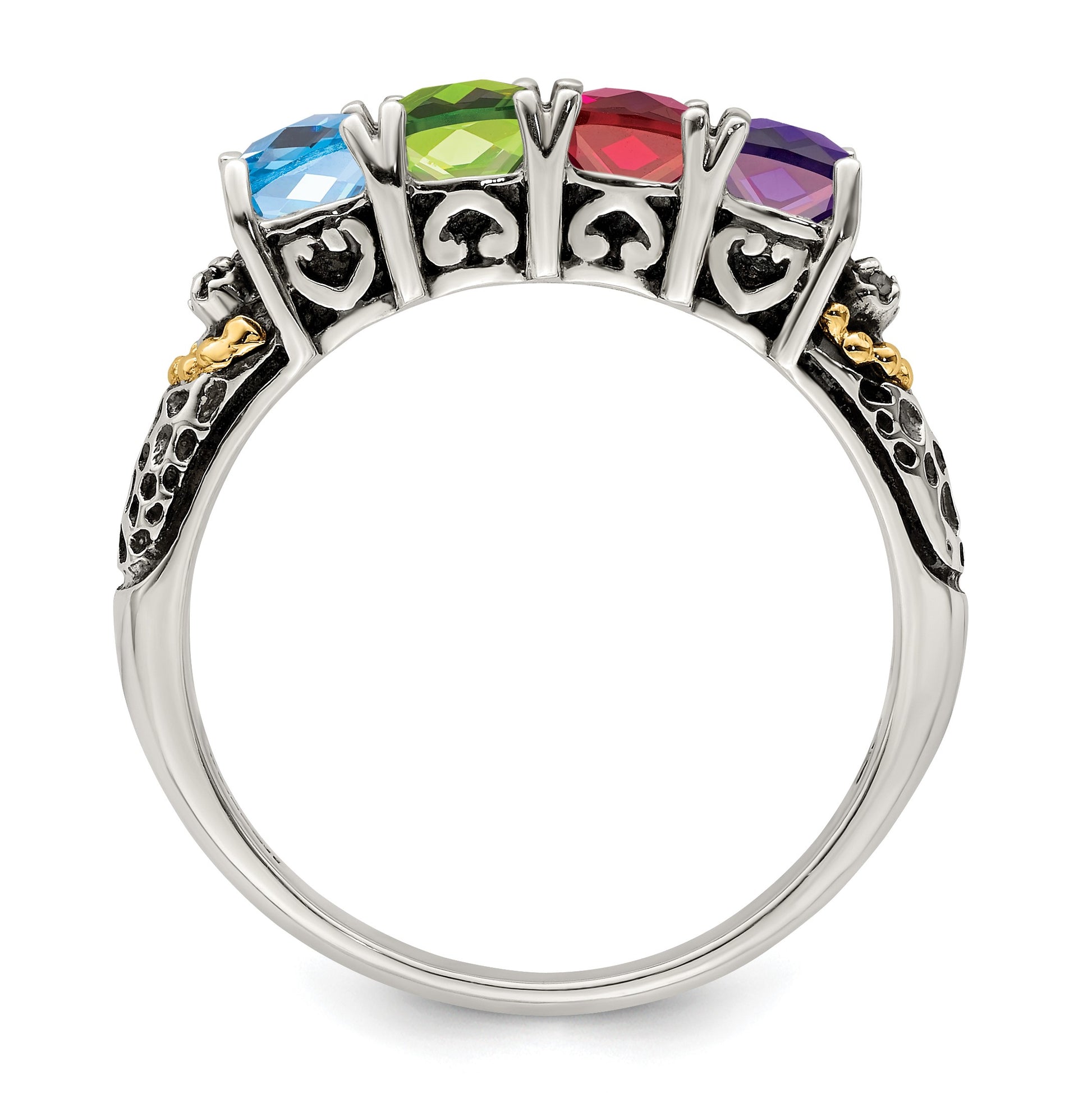 Sterling Silver Antiqued w/14k 4-stone w/Diamond Mother's Ring Semi-Mount