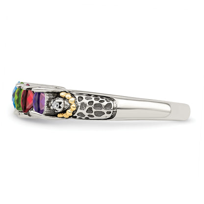 Sterling Silver Antiqued w/14k 4-stone w/Diamond Mother's Ring Semi-Mount
