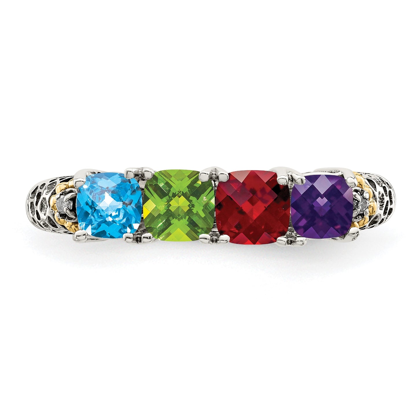Sterling Silver Antiqued w/14k 4-stone w/Diamond Mother's Ring Semi-Mount