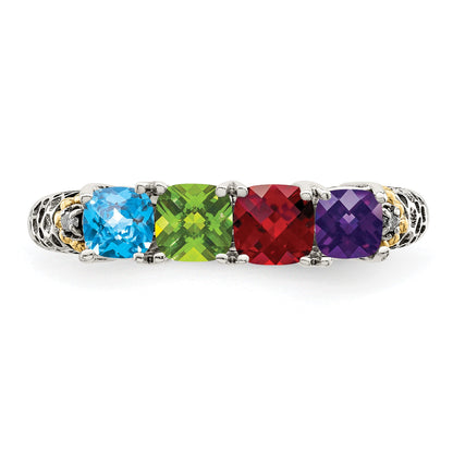 Sterling Silver Antiqued w/14k 4-stone w/Diamond Mother's Ring Semi-Mount
