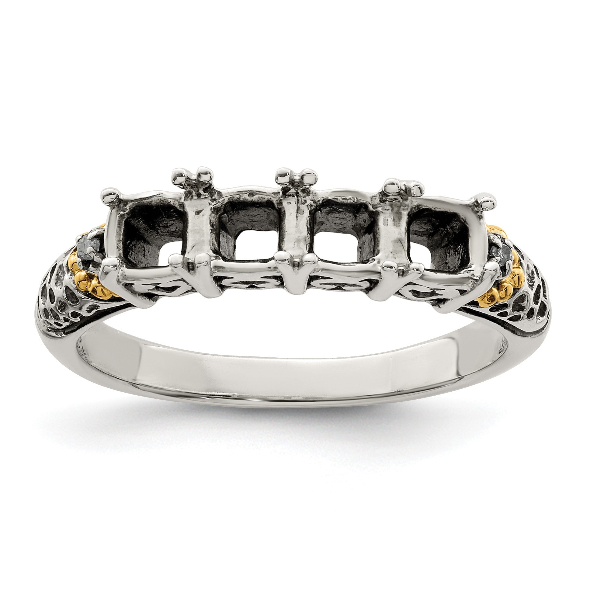 Sterling Silver Antiqued w/14k 4-stone w/Diamond Mother's Ring Semi-Mount