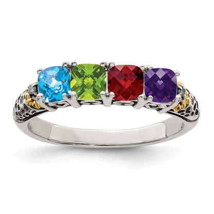 Sterling Silver Antiqued w/14k 4-stone w/Diamond Mother's Ring Semi-Mount