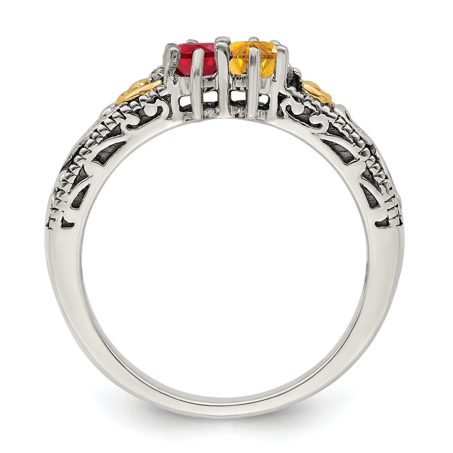 Sterling Silver Antiqued w/14k 2-stone w/Diamond Mother's Ring Semi-Mount