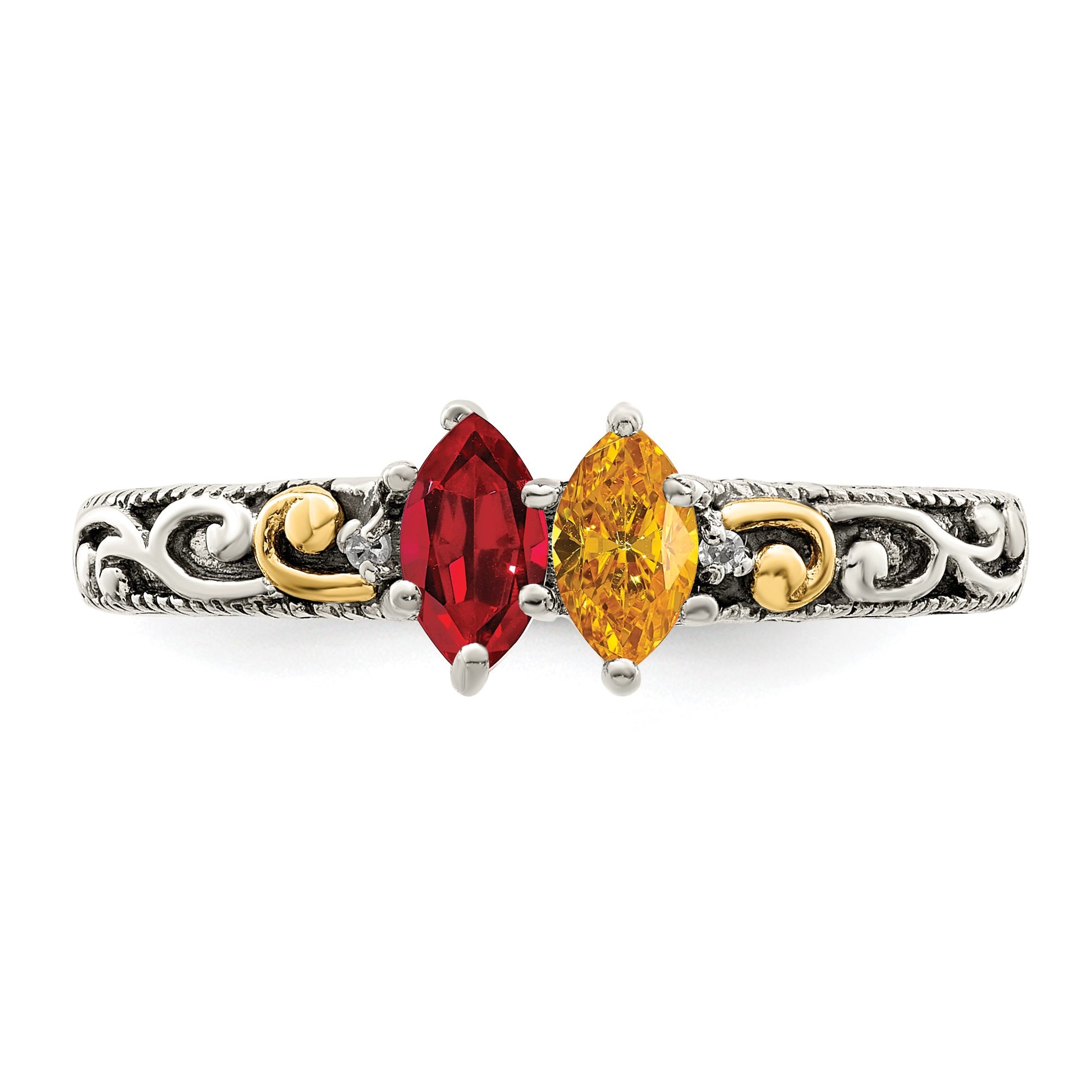 Sterling Silver Antiqued w/14k 2-stone w/Diamond Mother's Ring Semi-Mount