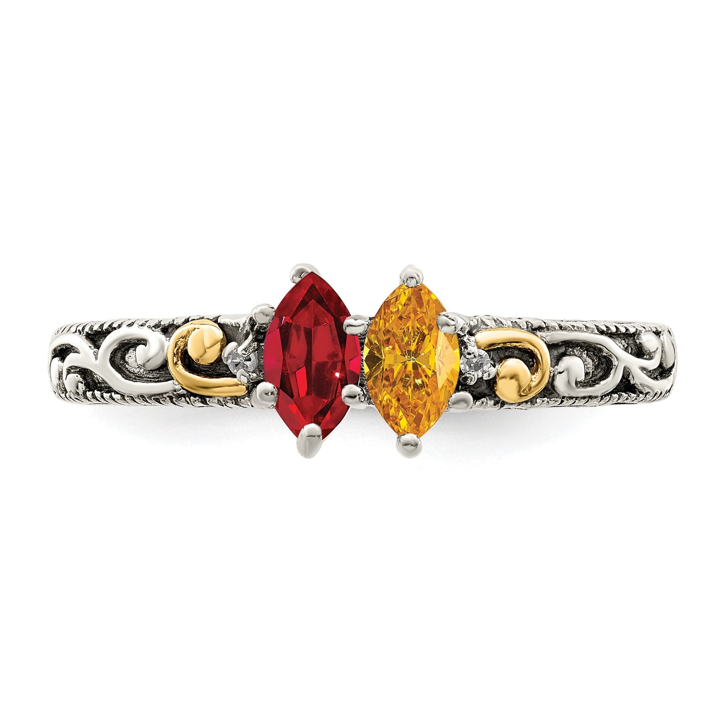 Sterling Silver Antiqued w/14k 2-stone w/Diamond Mother's Ring Semi-Mount