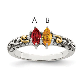 Sterling Silver Antiqued w/14k 2-stone w/Diamond Mother's Ring Semi-Mount