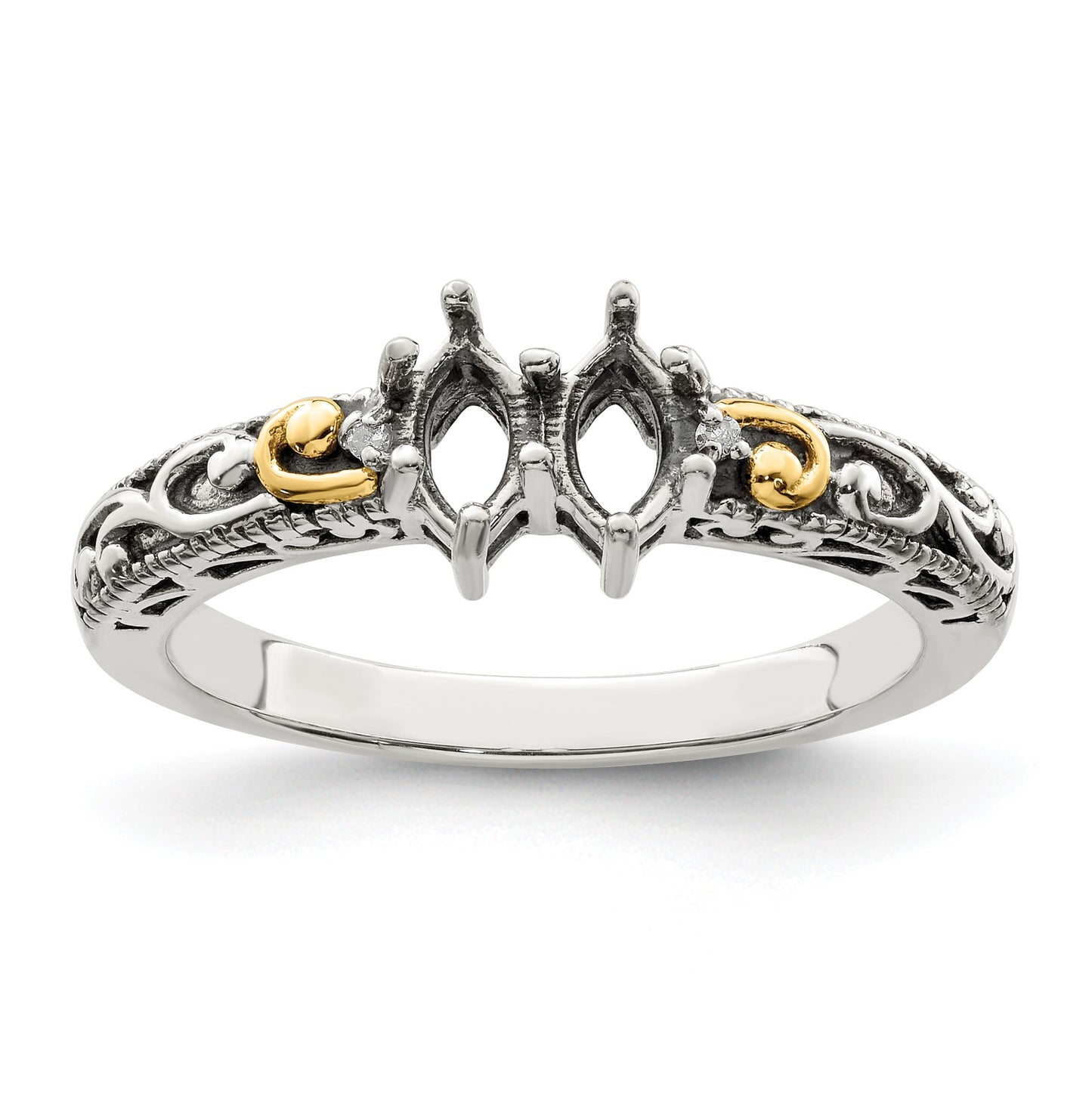Sterling Silver Antiqued w/14k 2-stone w/Diamond Mother's Ring Semi-Mount