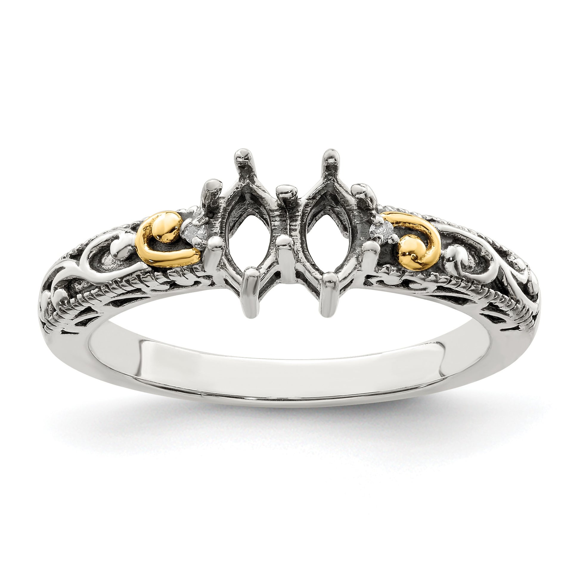 Sterling Silver Antiqued w/14k 2-stone w/Diamond Mother's Ring Semi-Mount