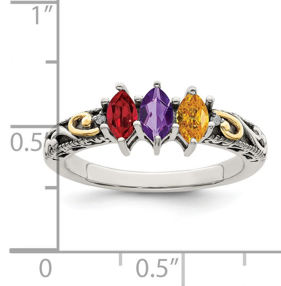 Sterling Silver Antiqued w/14k 3-stone w/Diamond Mother's Ring Semi-Mount