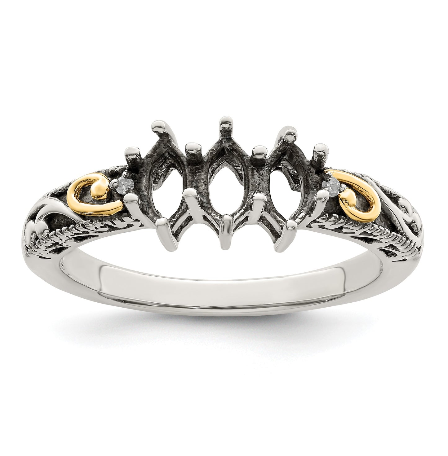 Sterling Silver Antiqued w/14k 3-stone w/Diamond Mother's Ring Semi-Mount