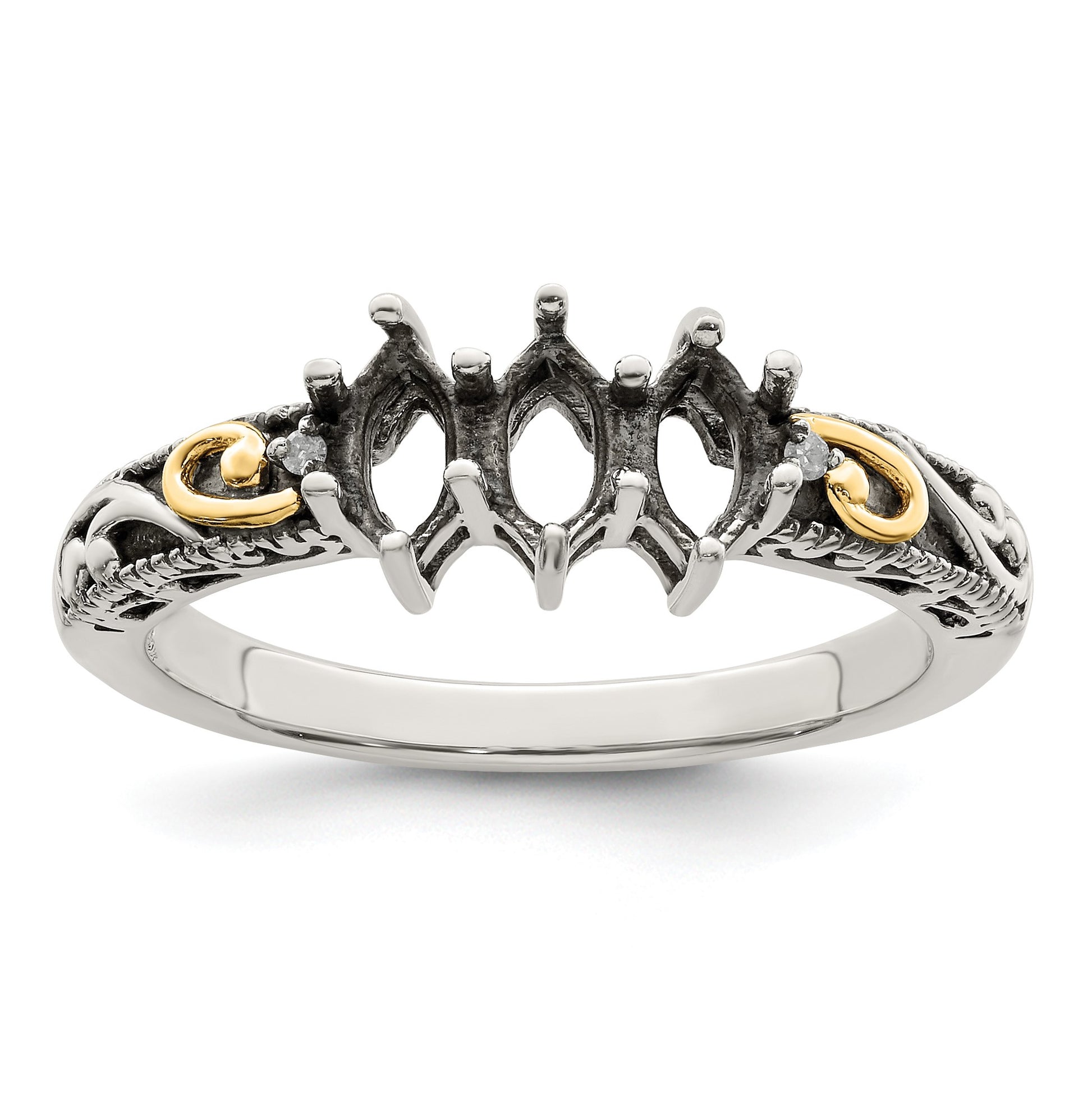 Sterling Silver Antiqued w/14k 3-stone w/Diamond Mother's Ring Semi-Mount