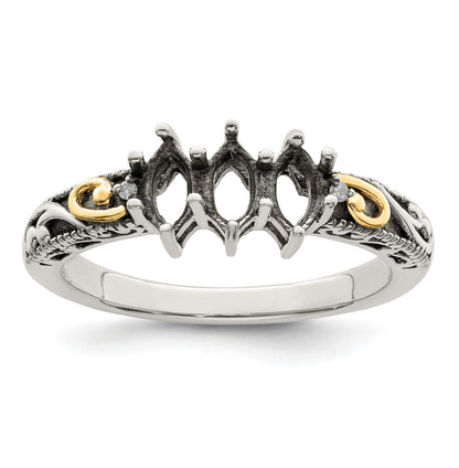 Sterling Silver Antiqued w/14k 3-stone w/Diamond Mother's Ring Semi-Mount