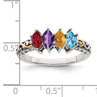 Sterling Silver Antiqued w/14k 4-stone w/Diamond Mother's Ring Semi-Mount