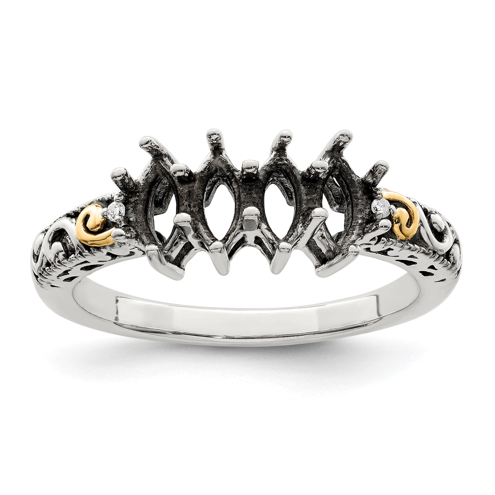 Sterling Silver Antiqued w/14k 4-stone w/Diamond Mother's Ring Semi-Mount