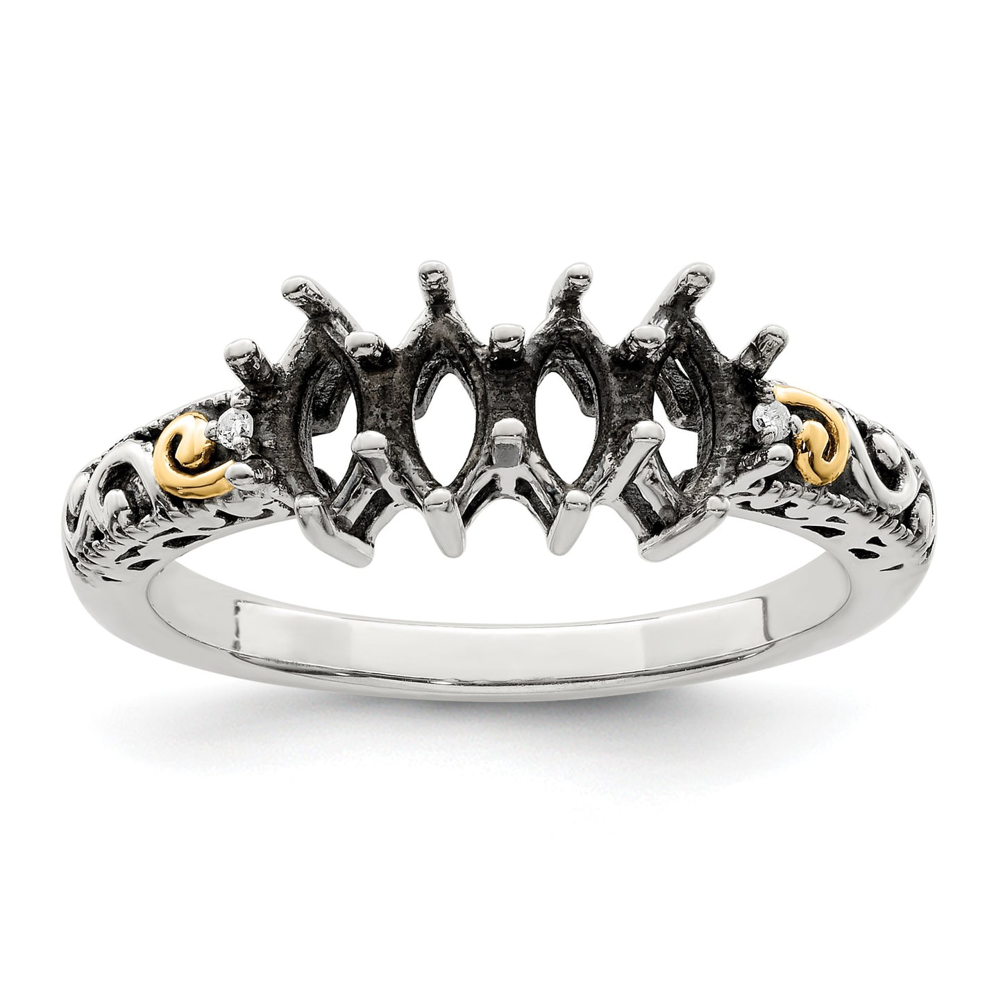 Sterling Silver Antiqued w/14k 4-stone w/Diamond Mother's Ring Semi-Mount