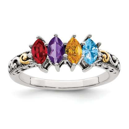 Sterling Silver Antiqued w/14k 4-stone w/Diamond Mother's Ring Semi-Mount