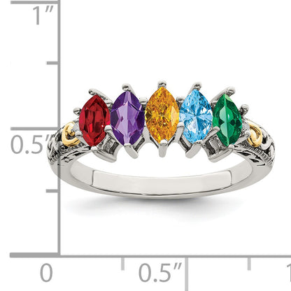 Sterling Silver Antiqued w/14k 5-stone w/Diamond Mother's Ring Semi-Mount