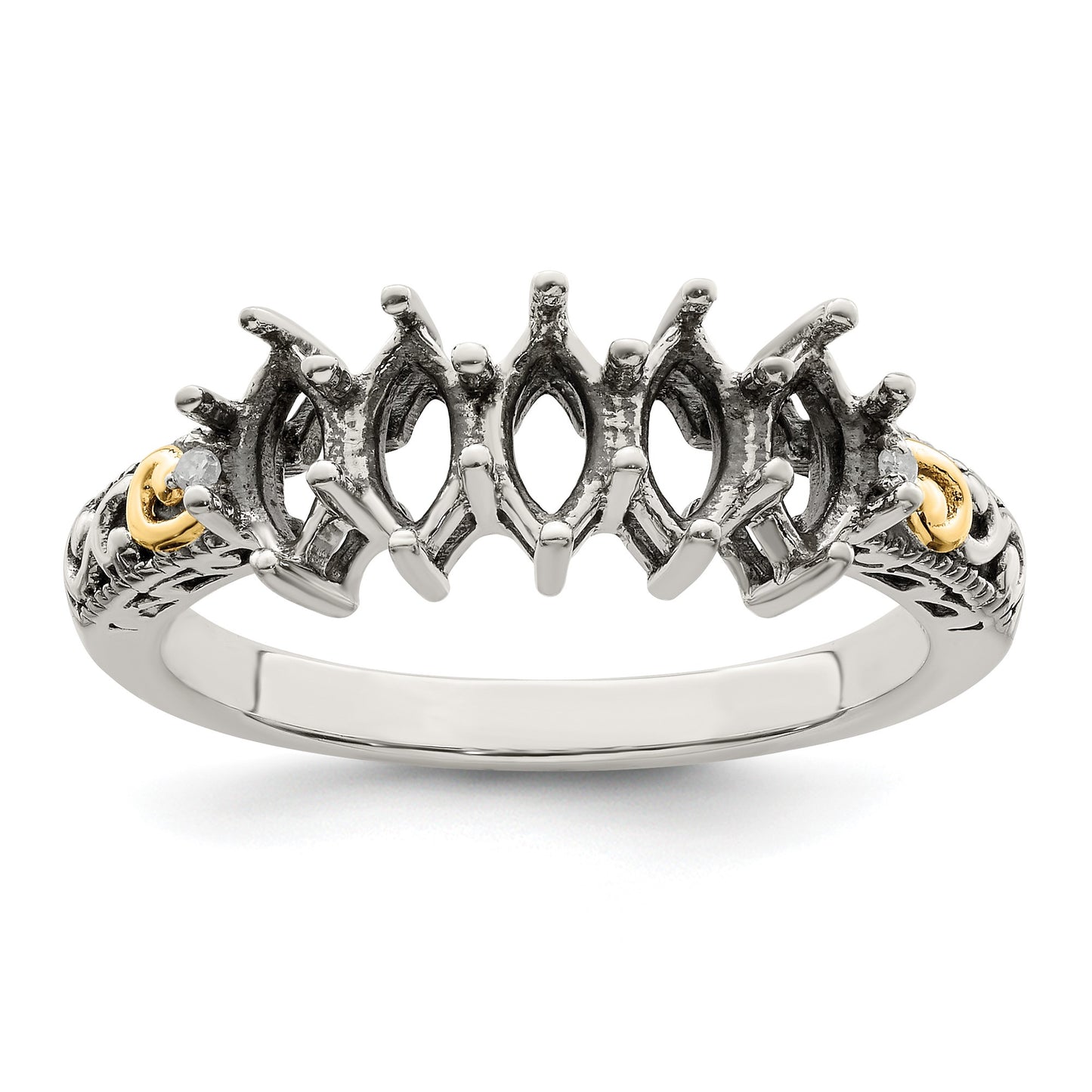 Sterling Silver Antiqued w/14k 5-stone w/Diamond Mother's Ring Semi-Mount