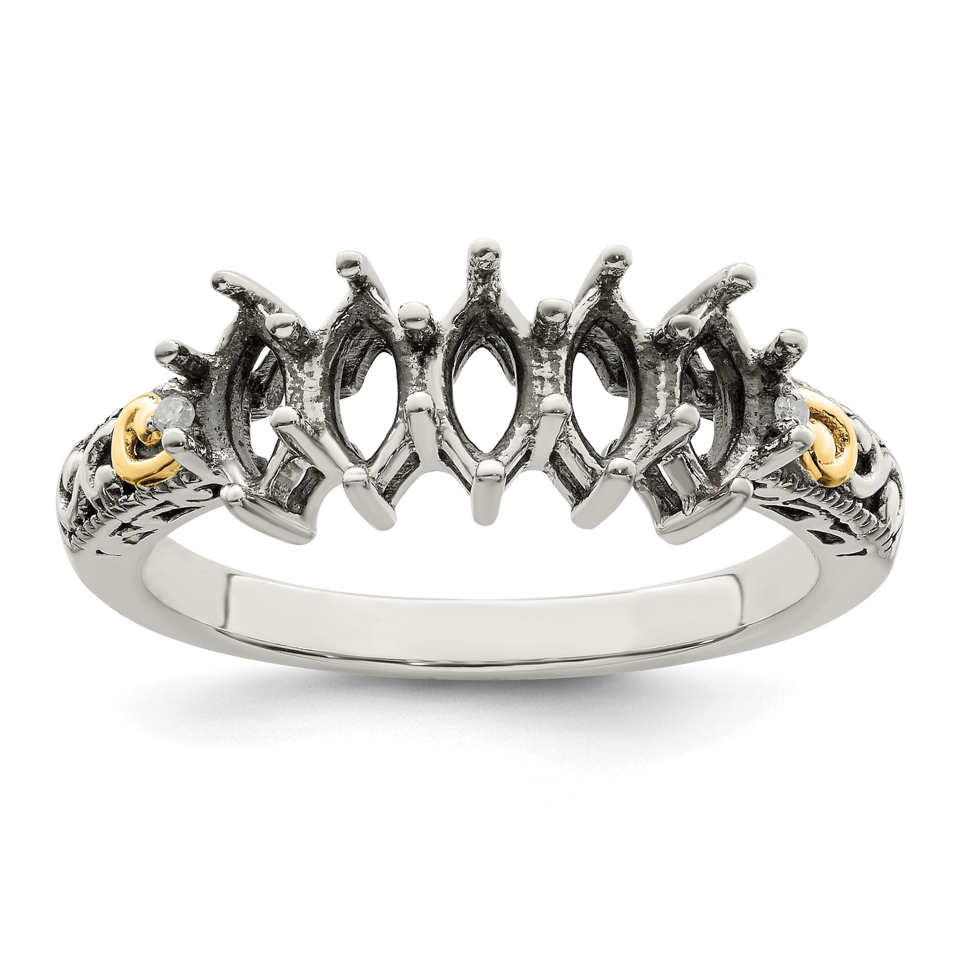 Sterling Silver Antiqued w/14k 5-stone w/Diamond Mother's Ring Semi-Mount