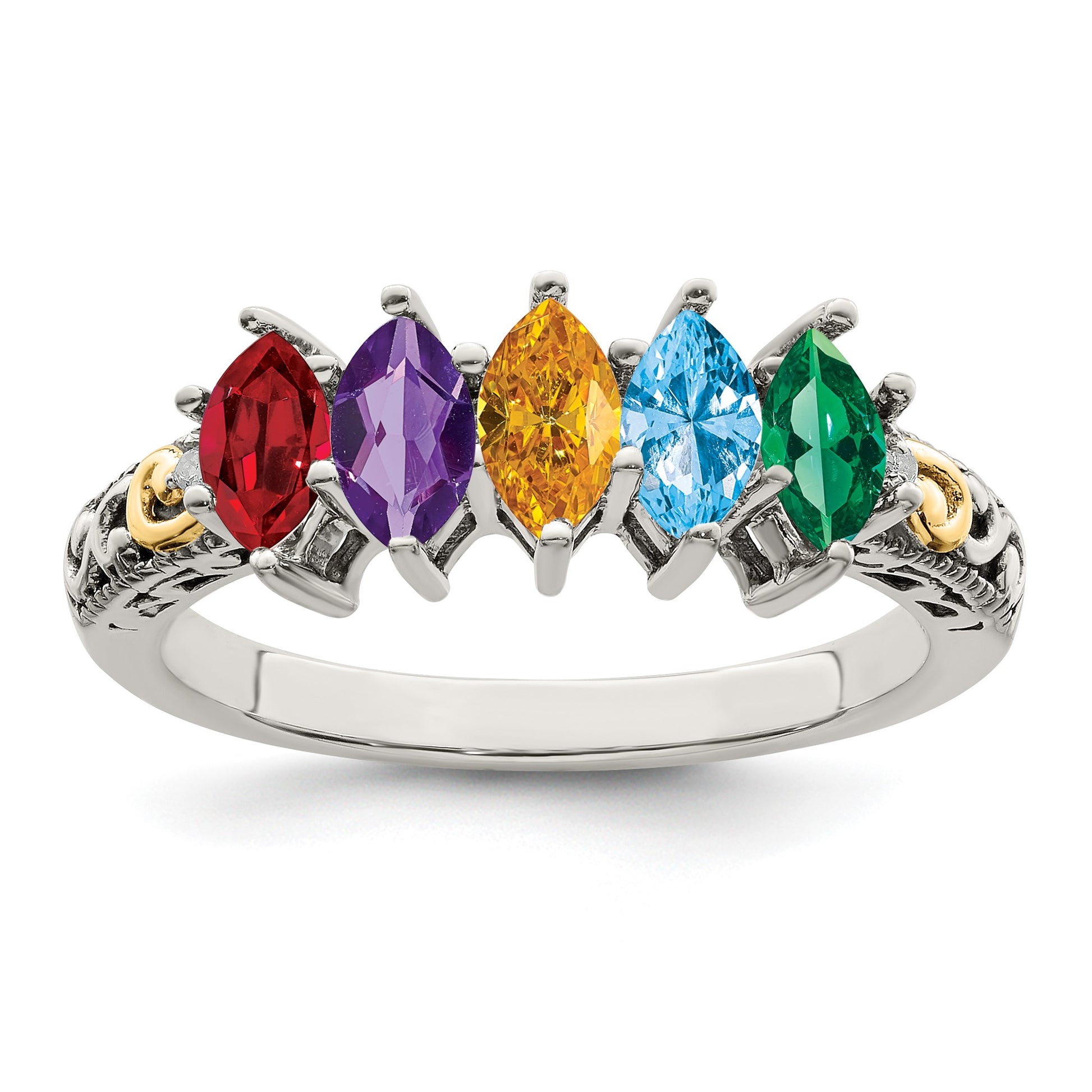 Sterling Silver Antiqued w/14k 5-stone w/Diamond Mother's Ring Semi-Mount