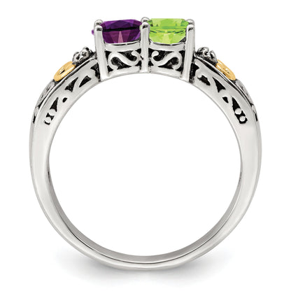Sterling Silver Antiqued w/14k 2-stone w/Diamond Mother's Ring Semi-Mount