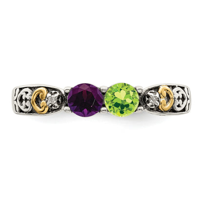 Sterling Silver Antiqued w/14k 2-stone w/Diamond Mother's Ring Semi-Mount