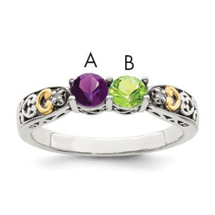 Sterling Silver Antiqued w/14k 2-stone w/Diamond Mother's Ring Semi-Mount