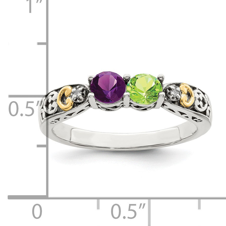 Sterling Silver Antiqued w/14k 2-stone w/Diamond Mother's Ring Semi-Mount