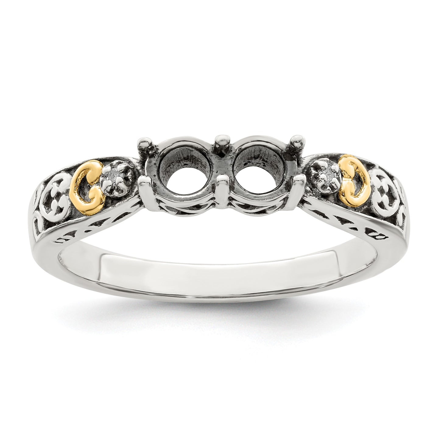 Sterling Silver Antiqued w/14k 2-stone w/Diamond Mother's Ring Semi-Mount