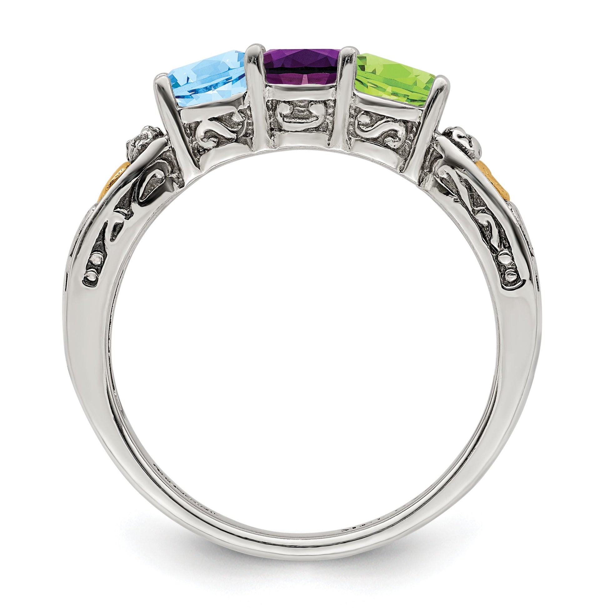 Sterling Silver Antiqued w/14k 3-stone w/Diamond Mother's Ring Semi-Mount