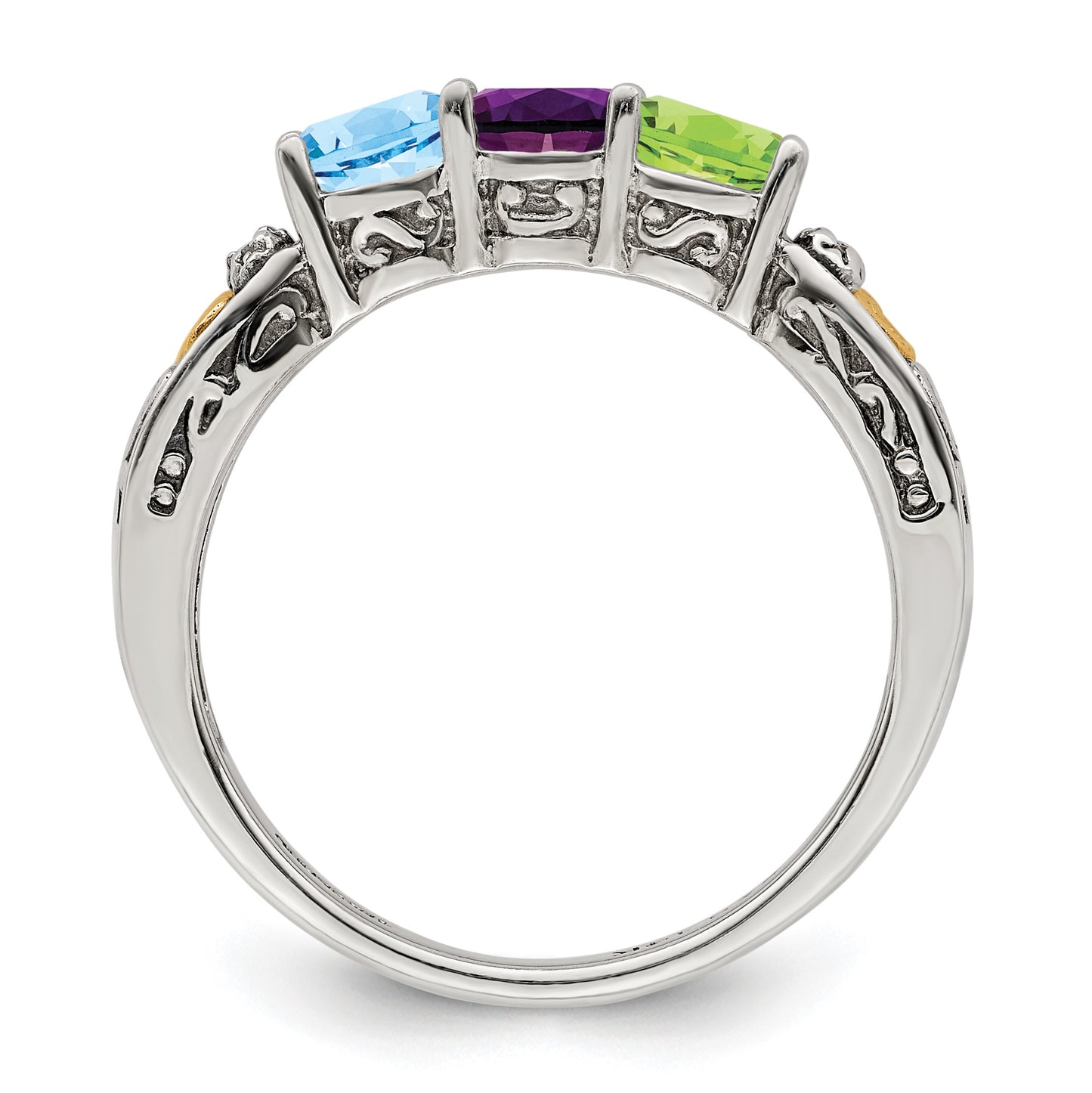 Sterling Silver Antiqued w/14k 3-stone w/Diamond Mother's Ring Semi-Mount