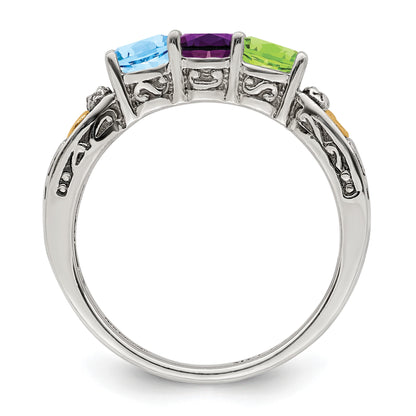 Sterling Silver Antiqued w/14k 3-stone w/Diamond Mother's Ring Semi-Mount