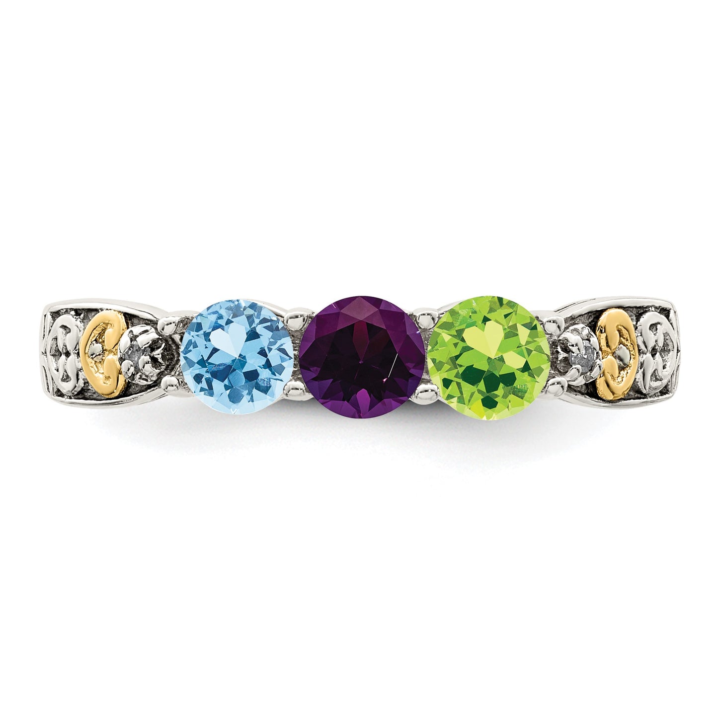 Sterling Silver Antiqued w/14k 3-stone w/Diamond Mother's Ring Semi-Mount