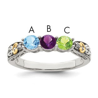 Sterling Silver Antiqued w/14k 3-stone w/Diamond Mother's Ring Semi-Mount