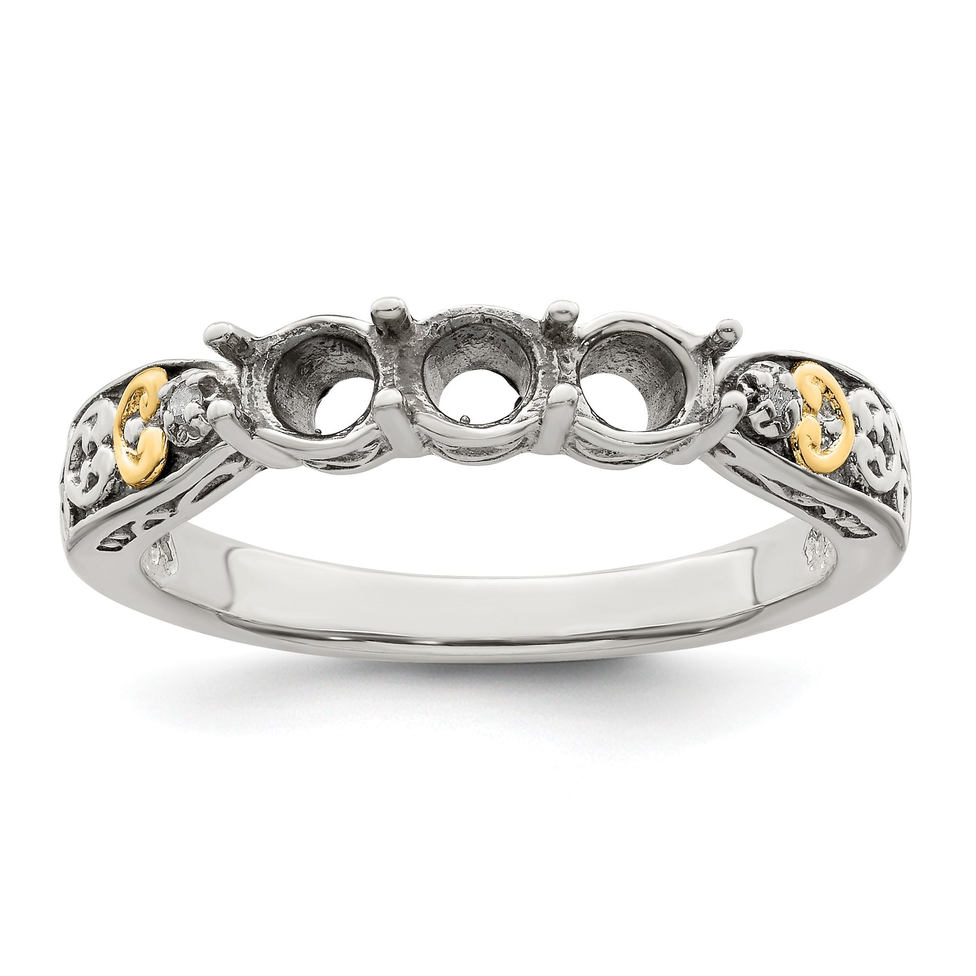 Sterling Silver Antiqued w/14k 3-stone w/Diamond Mother's Ring Semi-Mount