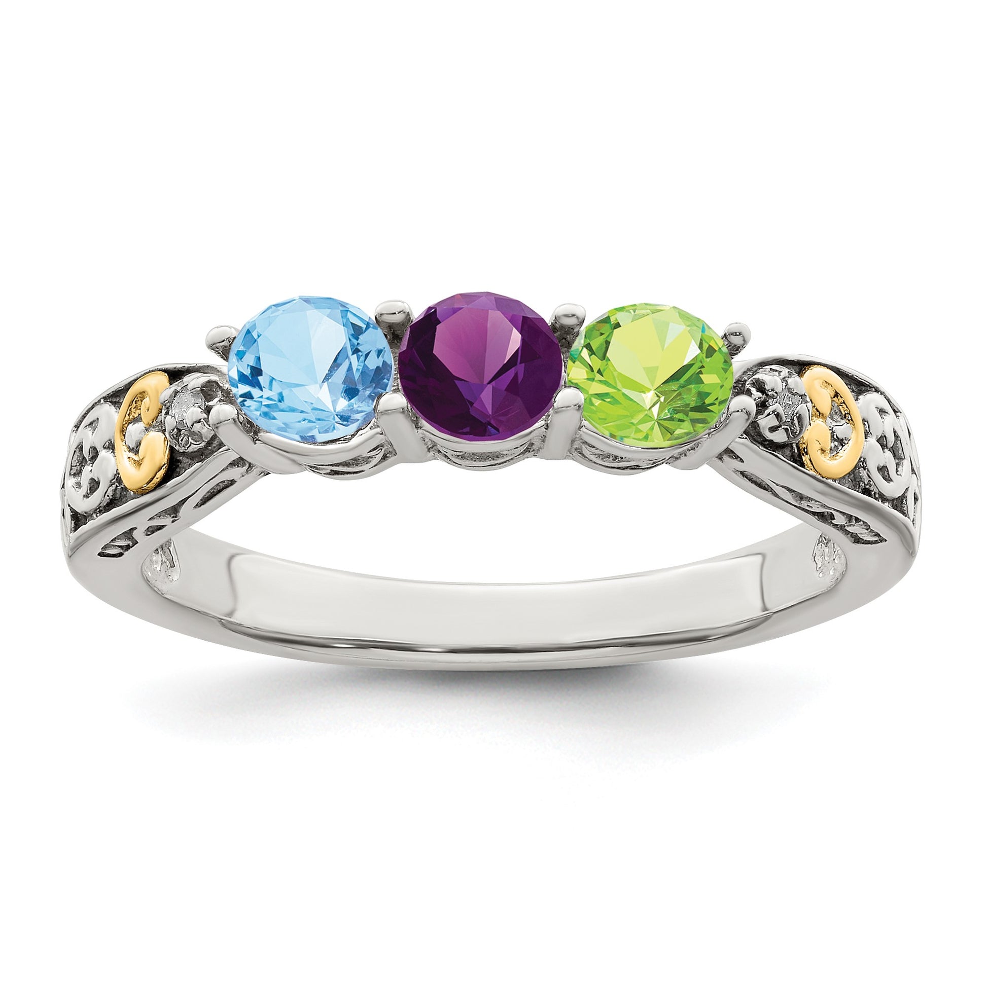 Sterling Silver Antiqued w/14k 3-stone w/Diamond Mother's Ring Semi-Mount