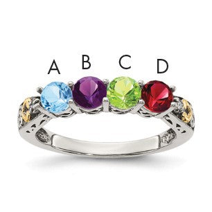 Sterling Silver Antiqued w/14k 4-stone w/Diamond Mother's Ring Semi-Mount