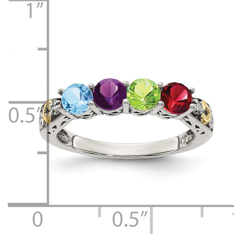 Sterling Silver Antiqued w/14k 4-stone w/Diamond Mother's Ring Semi-Mount