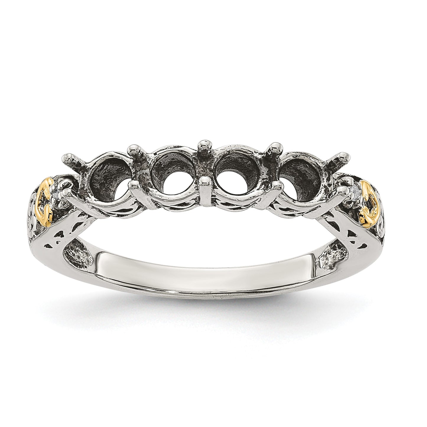 Sterling Silver Antiqued w/14k 4-stone w/Diamond Mother's Ring Semi-Mount