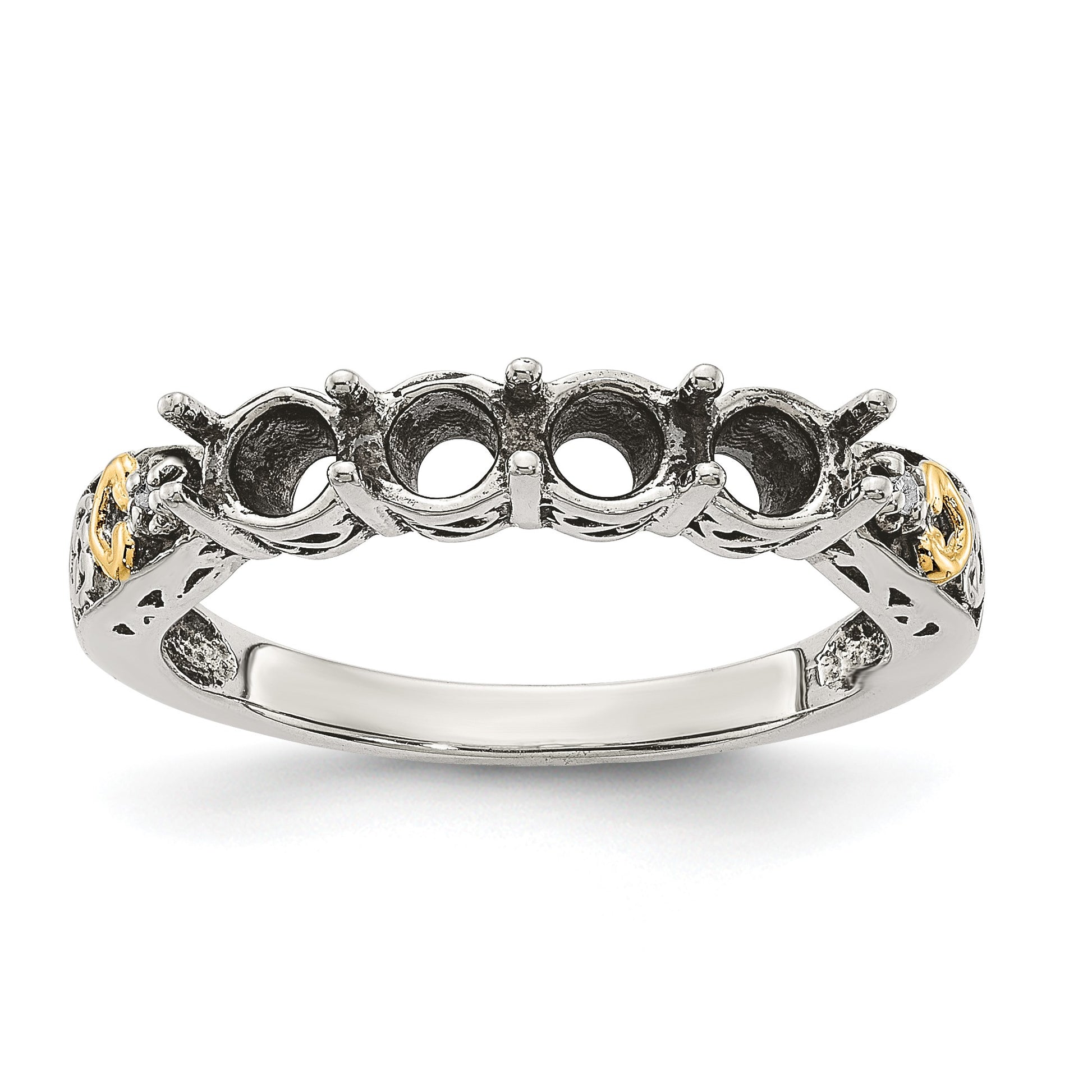 Sterling Silver Antiqued w/14k 4-stone w/Diamond Mother's Ring Semi-Mount