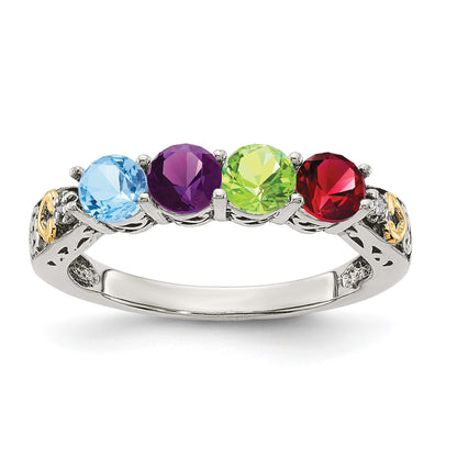 Sterling Silver Antiqued w/14k 4-stone w/Diamond Mother's Ring Semi-Mount
