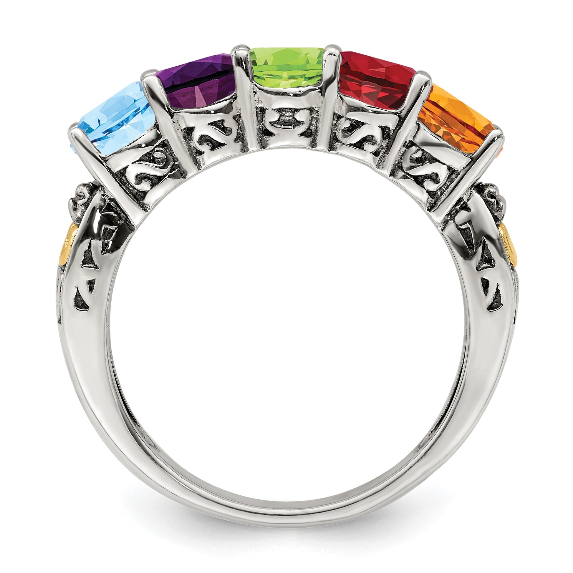 Sterling Silver Antiqued w/14k 5-stone w/Diamond Mother's Ring Semi-Mount