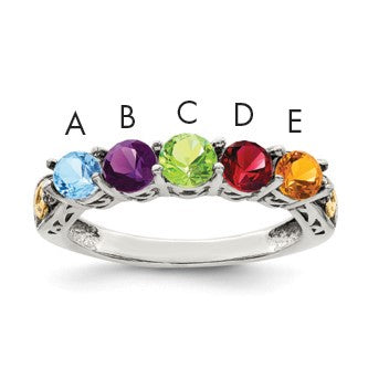 Sterling Silver Antiqued w/14k 5-stone w/Diamond Mother's Ring Semi-Mount