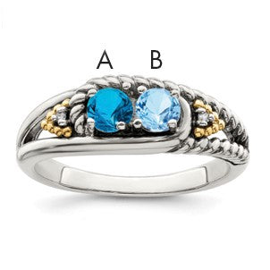 Sterling Silver Antiqued w/14k 2-stone w/Diamond Mother's Ring Semi-Mount