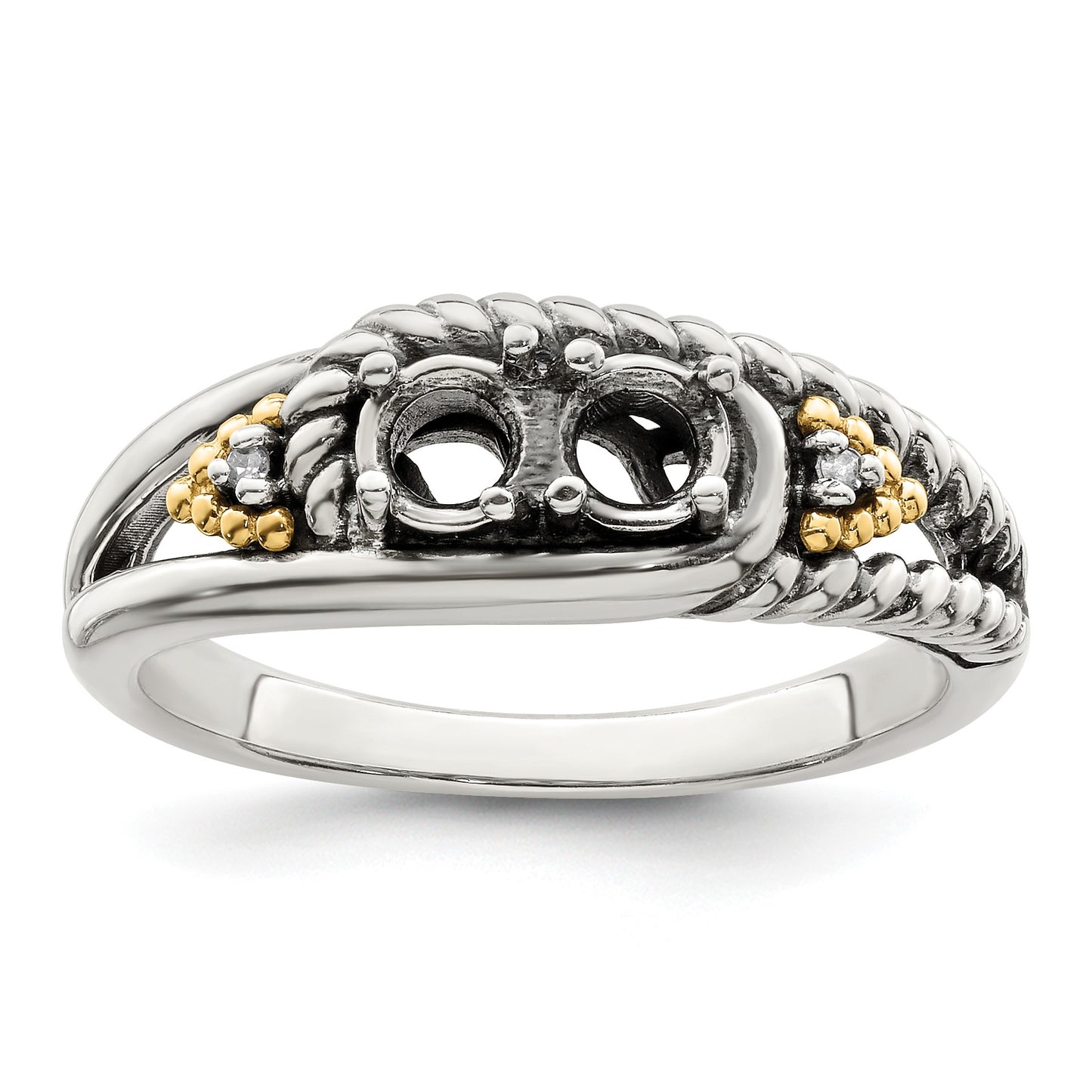 Sterling Silver Antiqued w/14k 2-stone w/Diamond Mother's Ring Semi-Mount
